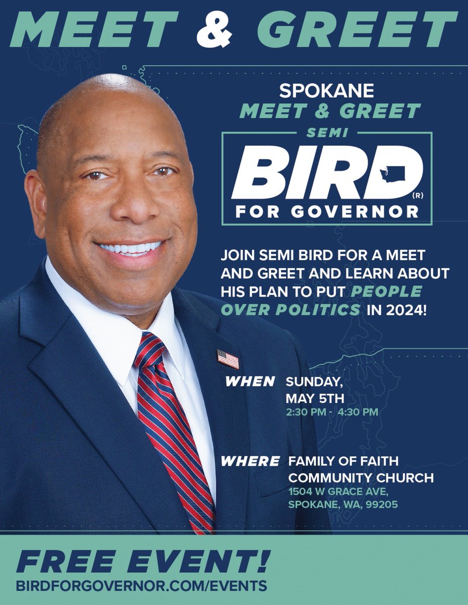 Join us in Spokane for a Meet & Greet with Semi Bird! It's your opportunity to hear directly about the vision and initiatives that prioritize people over politics for a brighter 2024. Let's rally together for change! 📅: Sunday, May 5th ⏰: 2:30 PM - 4:30 PM 📌: Family of Faith…