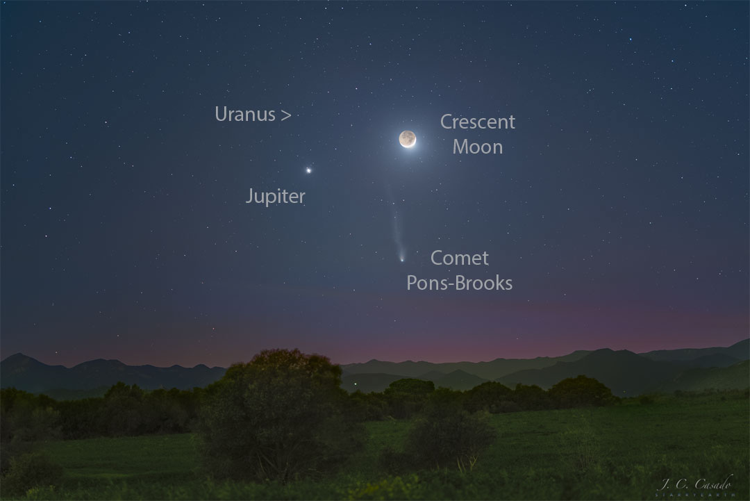 Three bright objects satisfied seasoned stargazers of the western sky just after sunset earlier this month. The most familiar was the Moon, seen on the upper left in a crescent phase. The rest of the Moon was faintly visible by sunlight first reflected by the Earth. The bright