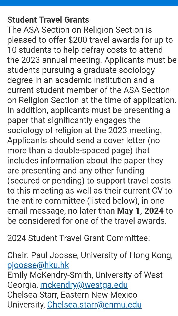 Paul Joosse (@pauljoosse) on Twitter photo Travel grant for students attending the <a href="/ASAnews/">ASA Sociology</a> conference this summer and presenting work on the sociology of religion. Deadline May 1. Please submit! <a href="/ASA_Religion/">ASA Sociology of Religion Section</a> <a href="/SSSReligion/">Society for the Scientific Study of Religion-SSSR</a> <a href="/jssrjournal/">JSSRjournal</a> Travel grant for students attending the <a href="/ASAnews/">ASA Sociology</a> conference this summer and presenting work on the sociology of religion. Deadline May 1. Please submit! <a href="/ASA_Religion/">ASA Sociology of Religion Section</a> <a href="/SSSReligion/">Society for the Scientific Study of Religion-SSSR</a> <a href="/jssrjournal/">JSSRjournal</a>
