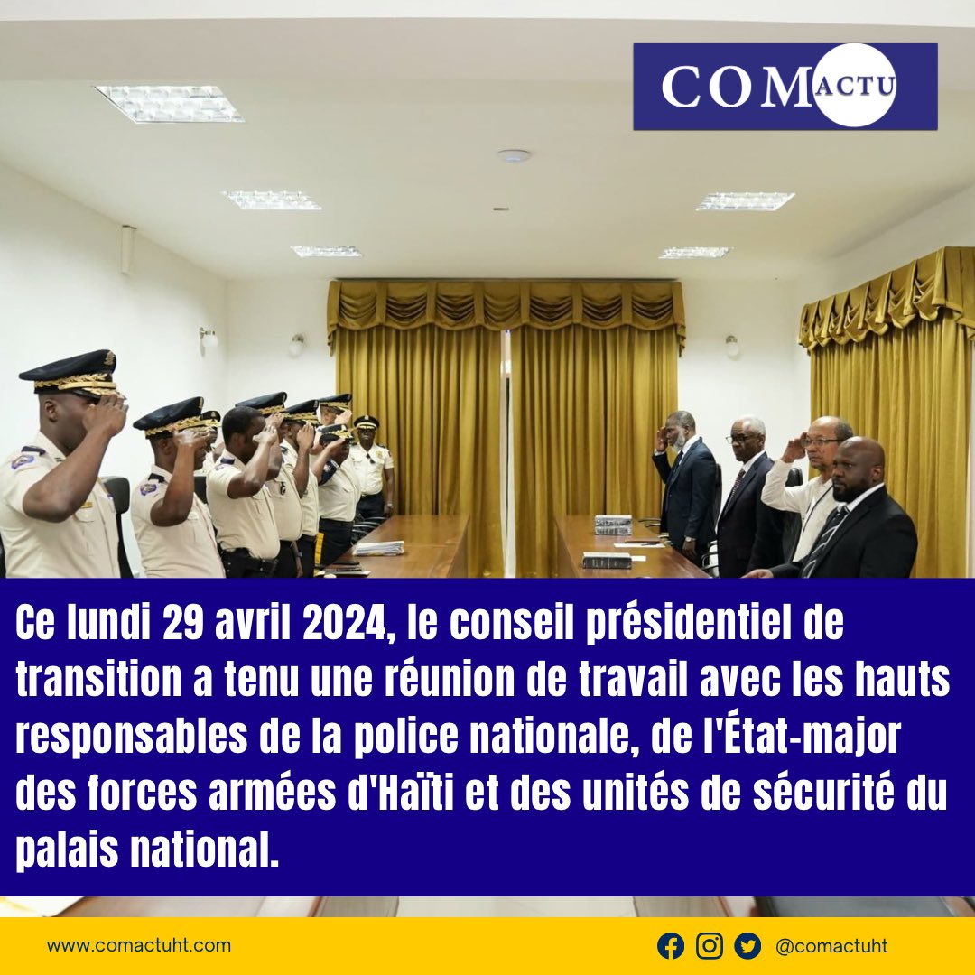 comactuht's tweet photo. "Ce lundi 29 avril 2024, le conseil présidentiel de transition a tenu une réunion de travail avec les hauts responsables de la police nationale, de l'État-major des forces armées d'Haïti et des unités de sécurité du palais national." https://t.co/ONXcZ57QMZ