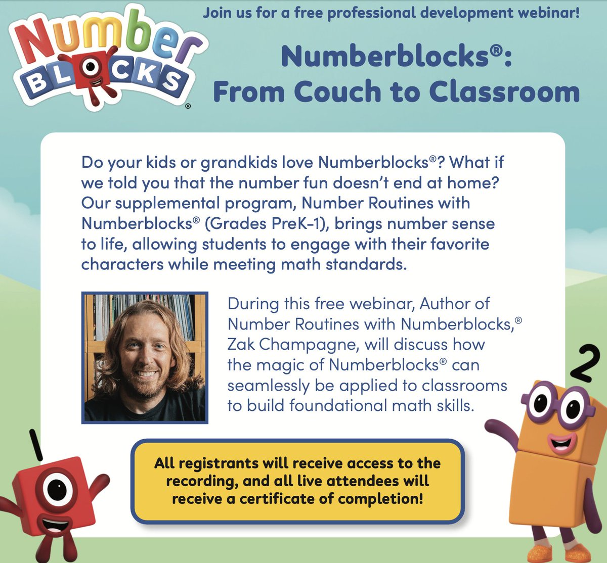 I'm lucky to have a great partnership with my friends over at @hand2mind!

Come learn together as we think about how to take the experiences we have with NumberBlocks from the couch to the classroom!

I'll join you there. 

Free Registration here: us02web.zoom.us/webinar/regist…