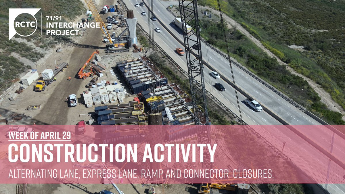 🧱 Construction Activity - Week of 4/29 Nighttime lane, ramp, & connector closures are scheduled this week along the 91 & 71. Details below: 🚧 Alternating Eastbound 91 Lane Closures 🕒 Monday - Thursday nights, 10 p.m. - 6 a.m. |Friday, Midnight - 7 a.m. 📍 County Line to I-15