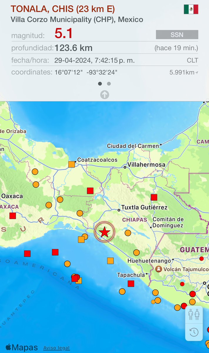 🔴 ÚLTIMA HORA 🔴

Sismo de magnitud 5.1 en México 🇲🇽 

Epicentro en Chiapas, Tonalá

A 123 km de profundidad 

#sismo #temblor #earthquake #alerta #alertasismica #29Abril #ULTIMOMINUTO