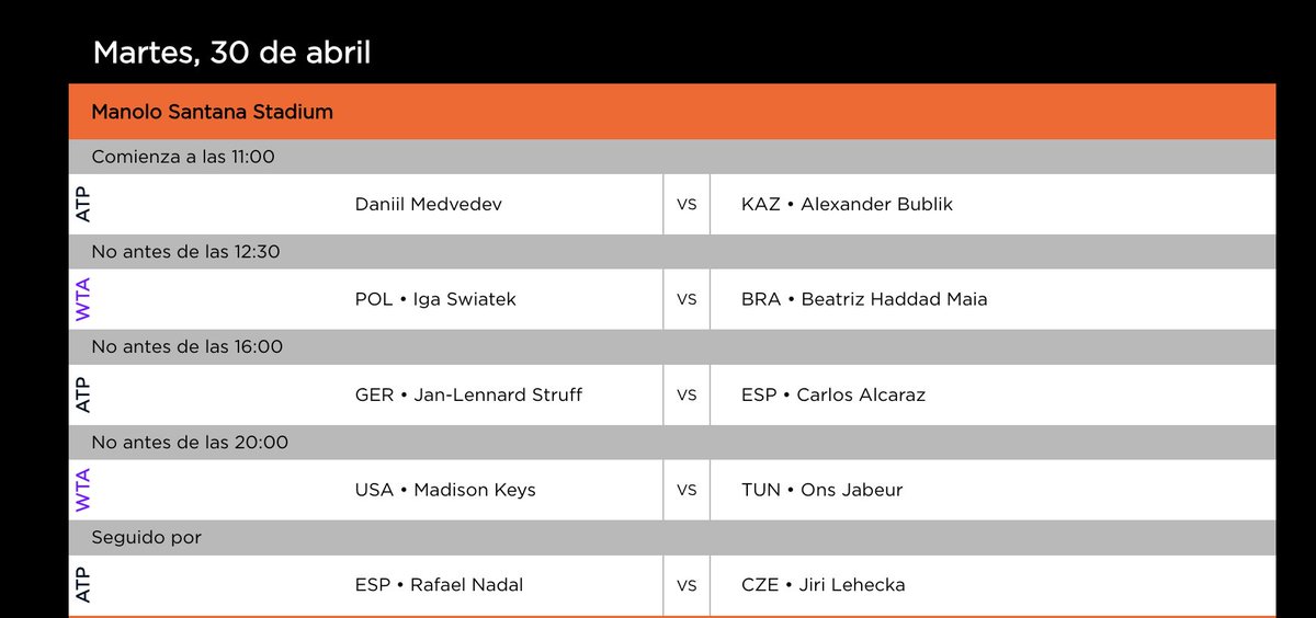 Tuesday's Center Court order of play in Madrid Begins at 11 am local time #Nadal and Lehecka last on, likely around 930/10 pm in #Madrid