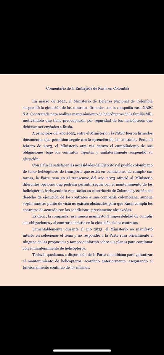 A propósito del helicóptero accidentado en el sur de Bolívar. La embajada rusa hace tan solo unas semanas advertía sobre la necesidad de hacerle mantenimiento a los MI 17 de fabricación rusa. La negligencia del gobierno le está costando la vida a nuestros militares.