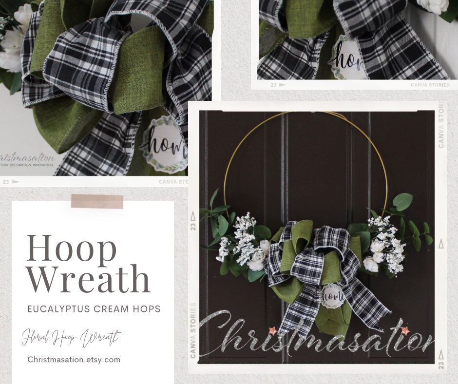 This exclusive Floral Hoop Wreath, Eucalyptus, Baby's Breath, and Cream Hops with Buffalo Check Bow Hoop Wreath is available at my #etsy shop: etsy.me/3OE5YGz #hoopwreath #floralhoopwreath #eucalyptus #buffalocheck