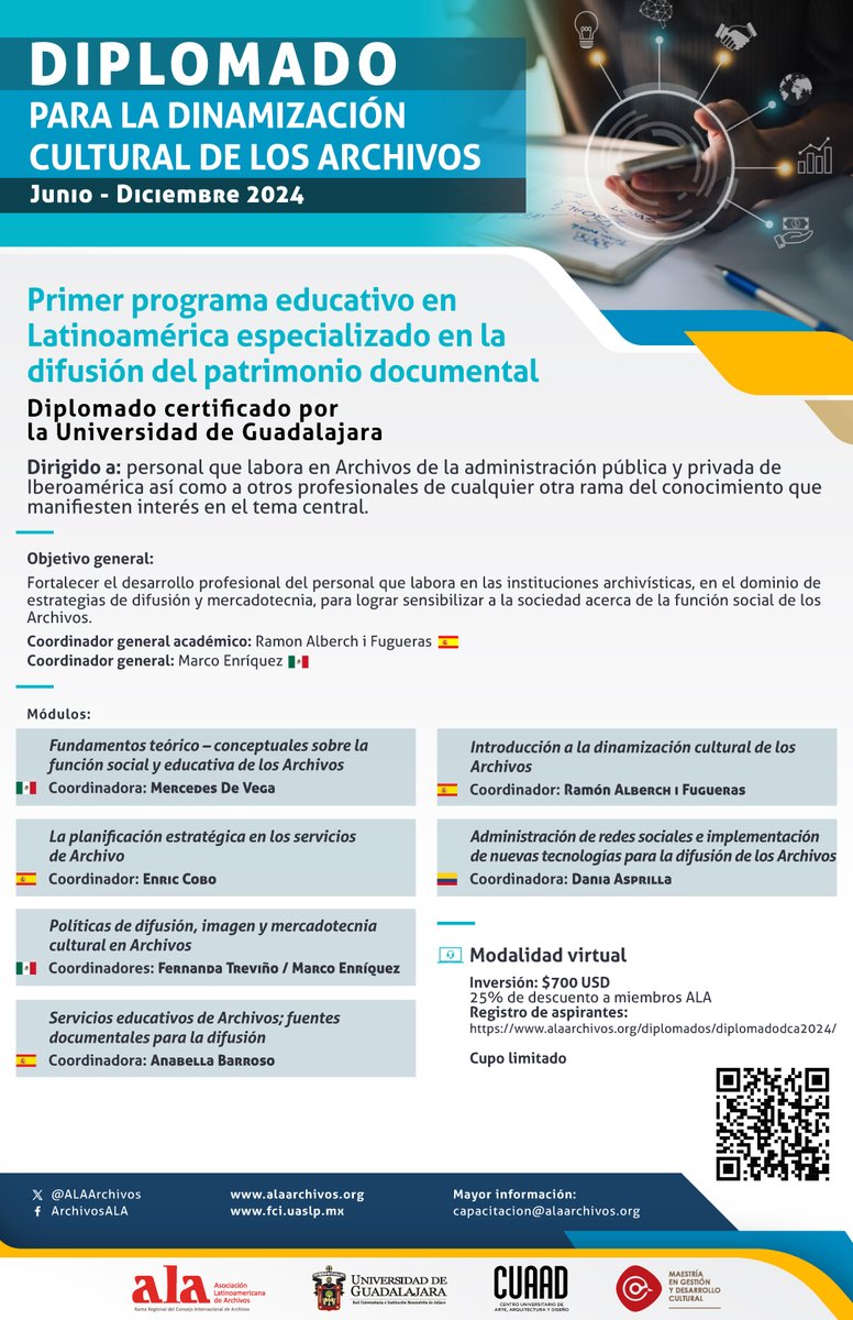 #QueNoSeTePase Ya está abierta la convocatoria para registrarte en el 'Diplomado para la dinamización cultural de los Archivos'.  
Mayor información: alaarchivos.org/diplomados/dip…
Pre registro aquí: docs.google.com/forms/d/e/1FAI…