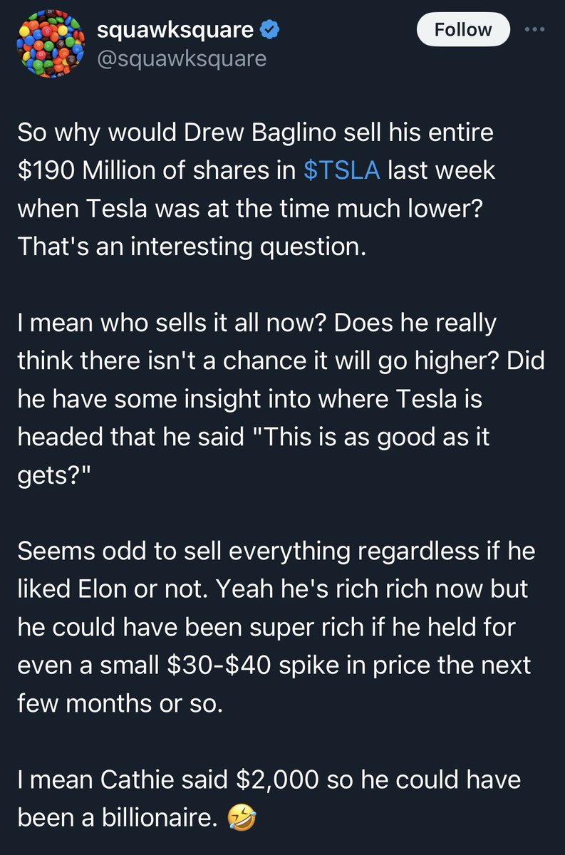3 days ago SquawkShyte suggested Baglino selling was a negative indicator for $TSLA

He got Drew’s numbers badly wrong following TSLAQ morons

Drew exercises and sold all his options, netting $50-80M after exercise piece and taxes

Drew didn’t sell his stock, about 30,000 shares