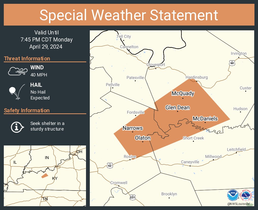 A special weather statement has been issued for McDaniels KY, McQuady KY and Glen Dean KY until 7:45 PM CDT