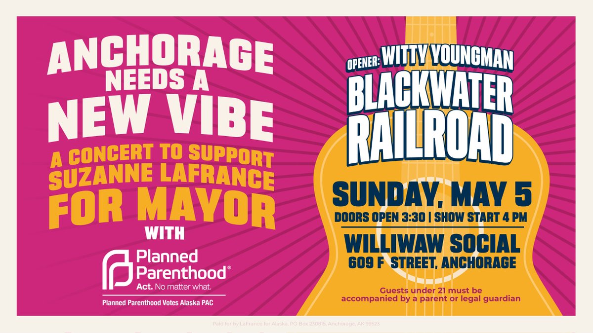 Anchorage needs a new vibe! Alaska-based folk band Blackwater Railroad Company and local artist Witty Youngman will be performing at a concert to support Suzanne for mayor. We’ll also get to hear from Suzanne about her vision for a better Anchorage.

See you there!