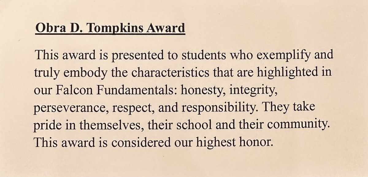 Blessed to receive the Obra D. Tompkins award tonight. In the class of 2026 only two recipients received this award. One male and one female. Honored to be selected for the school’s highest award. #studentathlete