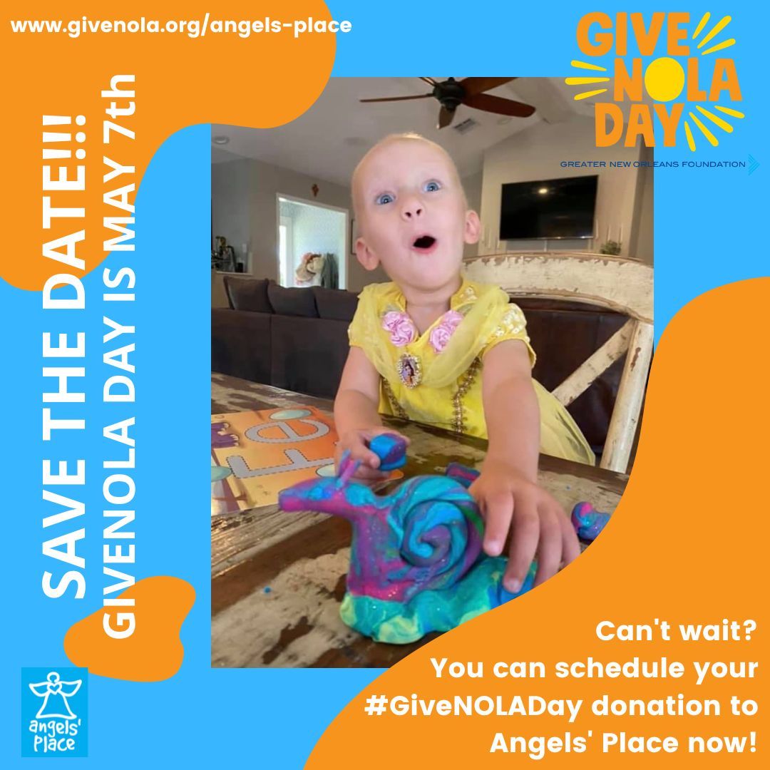 📢📢 #GiveNOLA Day is May 7th! Mark your calendar! 😇💙⁣⁣
As with previous years, you can schedule your donation to #AngelsPlace here: buff.ly/2Y7euRh
We hope you'll #donate to help us help our kids!
#ChildrensCharity #NewOrleansCharity #ChildhoodIllness