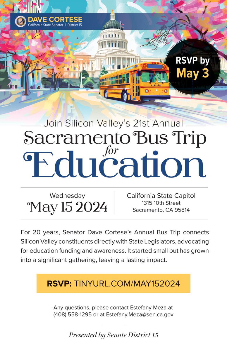 Want to talk directly to state leaders who influence education policy and spending? Here's your chance! On May 15, hop on the bus with us from San Jose to Sacramento for a day of advocacy and action. For more info and to register: lcmspubcontact.lc.ca.gov/PublicLCMS/rsv…
