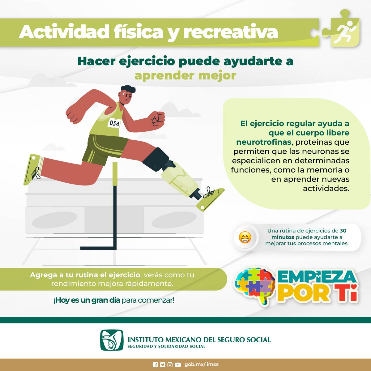 Hacer ejercicio puede ayudarte a aprender mejor.

🏃 Una rutina de ejercicios de 20 minutos puede ayudarte a mejorar tus procesos mentales.

En Salud Mental… #EmpiezaPorTi 🧠