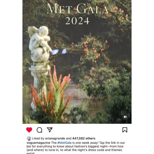 Ariana Grande curtiu uma publicação da Vogue no Instagram em relação ao Met Gala 2024.