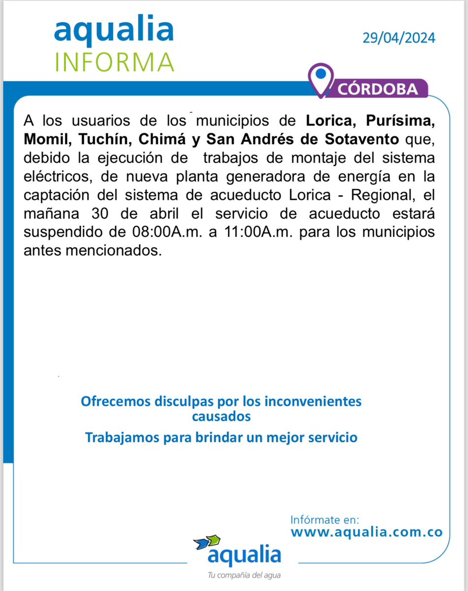 #AqualiaCol_Informa 🇨🇴 | 29 de abril #Córdoba 📣 Infórmate aquí con nuestro último. 

#AqualiaColombia