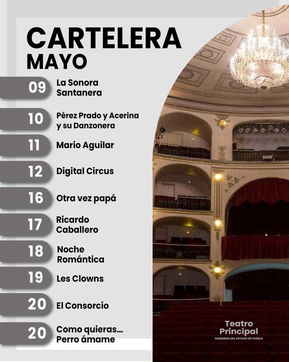 🎭✨ Este mes de mayo, el #TeatroPrincipalPuebla tiene preparada una emocionante cartelera llena de eventos imperdibles. Desde espectáculos, teatro y conciertos.