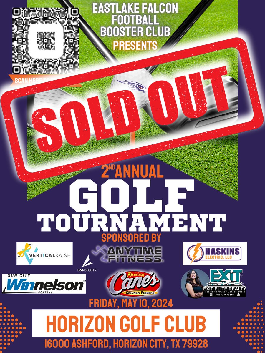 The ⛳️2️⃣nd Annual @EastlakeBooster Golf Tournament🏌🏽is 🚨SOLD OUT🚨!!! A special thanks to 💥NEW💥 sponsor Haskins Electric, LLC & our existing sponsors @AnytimeFitness, @RaisingCanes, @EXITRealtyELP Realtor & Owner Denise Zubia-Meza, @VRaiseElPasoTX, & SunCity Winnelson!! #UFH