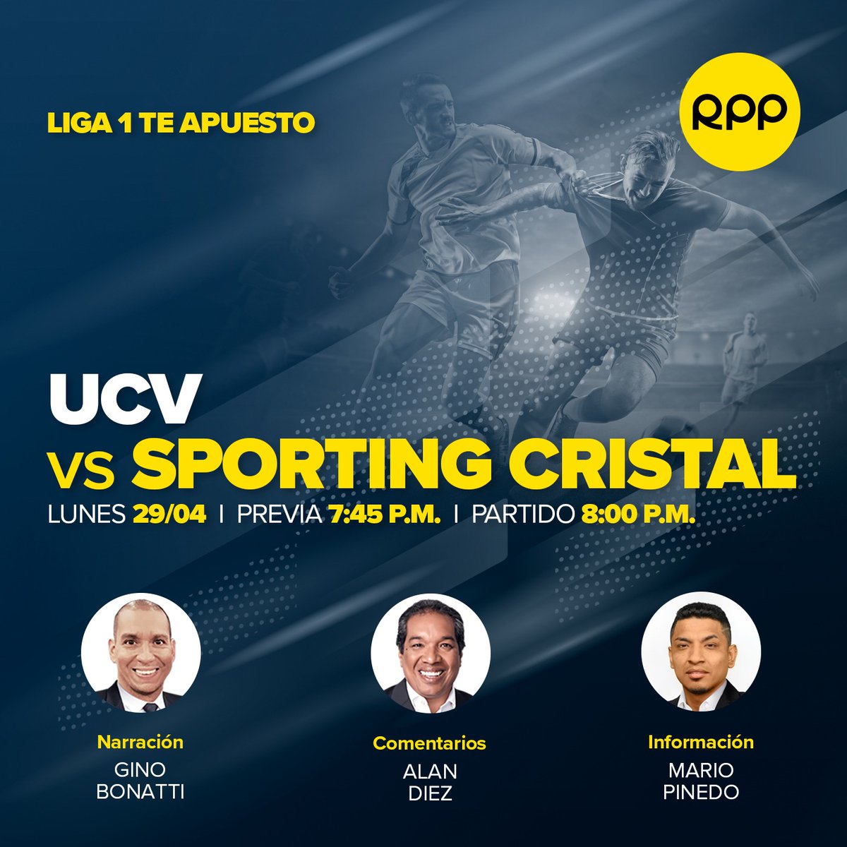 🔴#EnVivo: Hoy no te pierdas el partido entre @clubucv vs @ClubSCristal por la @Liga1TeApuesto ▶️Escúchalo en @RPPNoticias desde las 7:45 PM 📻89.7FM/730 AM 📱rpp.pe/audio/en-vivo Hoy junto a @BonattiDi, @ADiezGol y @mariopinpan14 🙌