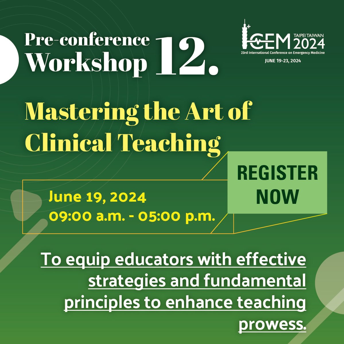 Calling all emergency medicine professionals! Elevate your skills with our preconference workshops designed to sharpen your clinical expertise and enhance patient care. Learn more and register: icem2024.com/pre-conference