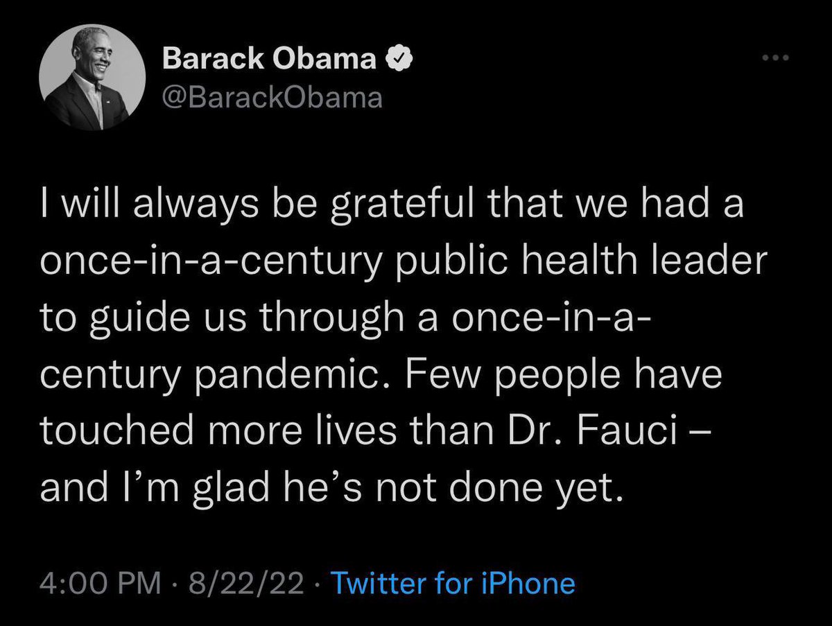 Barack Obama: “Few people have taken more lives than Dr. Fauci – and I’m glad he’s not done yet.”

I fixed this for you, Obama.