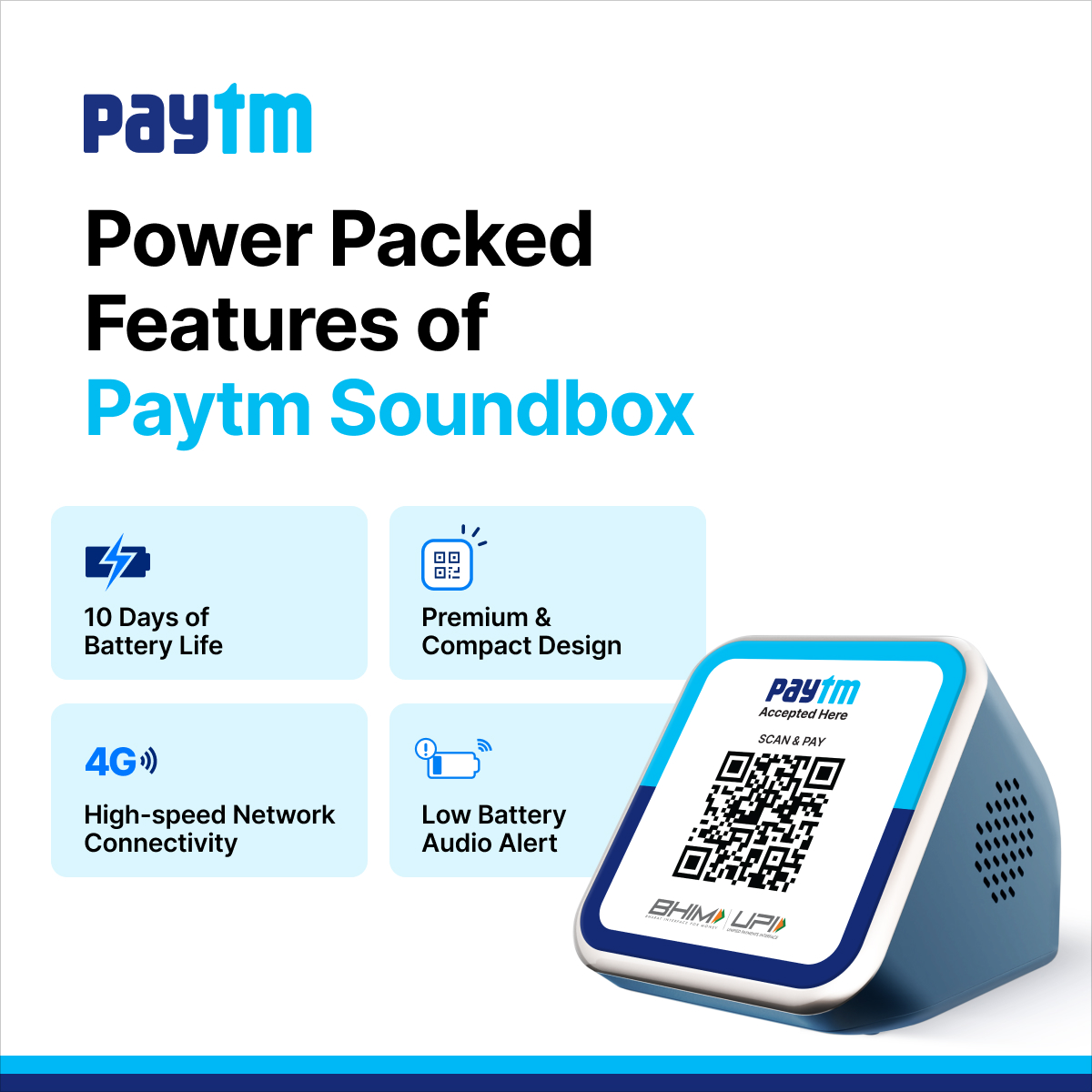 The New and Improved Made-in-India Soundbox for UPI and Credit Card on UPI payments🚀

With 10-day battery life and 4G High-speed network connectivity, our innovative device comes with power-packed features. Order your Paytm Soundbox here: business.paytm.me/ksjN/6xei94mi

#PaytmKaro