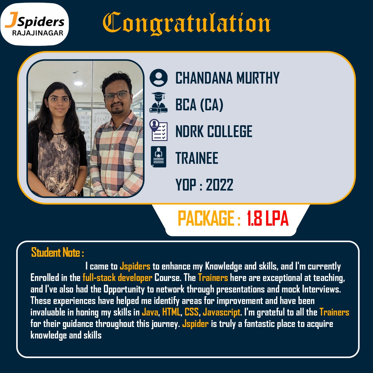 Exciting news! 'Chandana Murthy' just got placed in a dream job! 🚀 Wishing them all the success in the world! ✨ 

Qualification: BCA
Stream: CA
College: NDRK
Designation: Trainee
YOP: 2022
.
.
.
.
.
#jobplacement #careersuccess #careerwins ney ##jobplacement