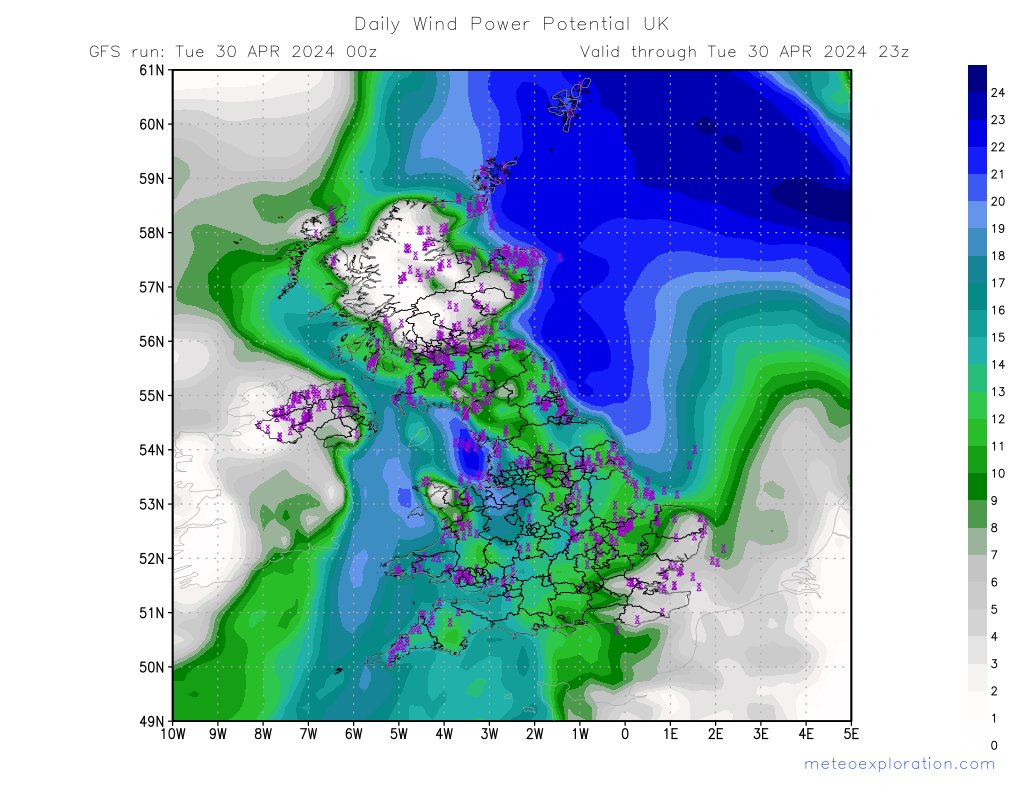 Mean Wind Power Potential today in the UK: 49% Maximum 95% at 60.67, -1.01 meteoexploration.com/en/energy/#win…