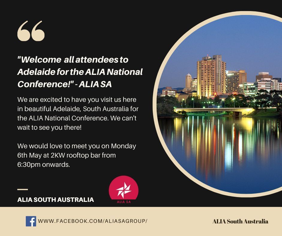 The ALIA National Conference is just 6 days away and to welcome attendees, the ALIA SA Committee are hosting social drinks at 2KW Bar. Others in the LIS field are welcome, so take the chance to increase your conference networking opportunities 👉 buff.ly/4bzyBgL