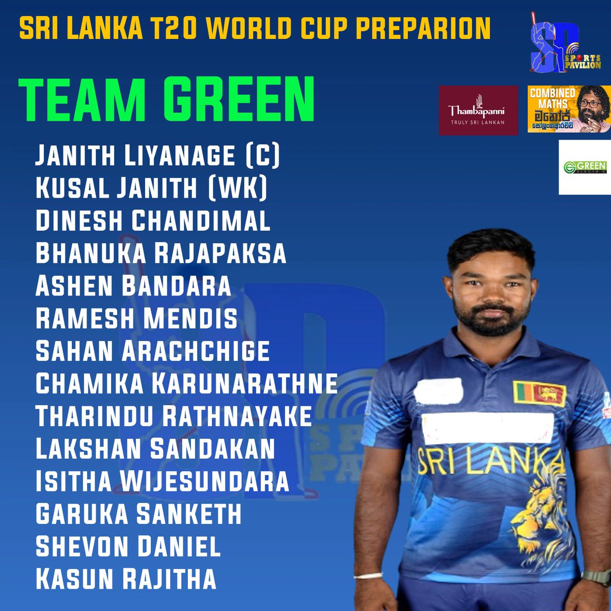EXCLUSIVE 🚨

Sri Lanka's T20 World Cup Preparation

3 Teams 
6 T20 Matches 
Venue  - R Premadasa 🏟️ , Colombo 
Date - 2nd May 2024 - 11th May 2024 

Team Green - Skipper - Janith Liyanage   

#sportspavilionlk #SriLanka #T20WorldCup #DanushkaAravinda