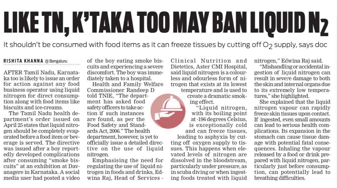 After Tamil Nadu, #Karnataka too is likely to issue an order for action against any food business operator using liquid nitrogen for direct consumption along with food items like biscuits and ice-creams @XpressBengaluru newindianexpress.com/states/karnata…