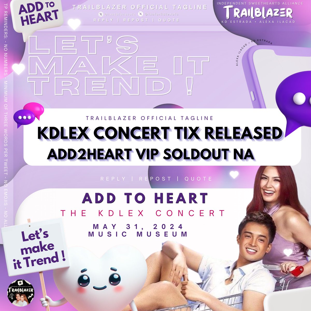 Double Tag ! Sweethearts and Solids! Let's make it TREND ! KDLEX CONCERT TIX RELEASED ADD2HEART VIP SOLDOUT NA #Kdlex #AddToHeartKDLEXConcert Kindly drop the tag if you see this post. Thank you! @kdestrada_ @alexailacad