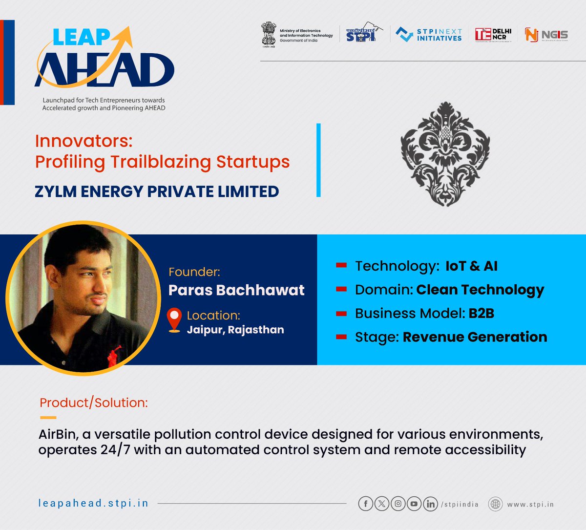 @zimyo_official #AI-based #startup M/s Zylm Energy Pvt Ltd, one of the 75+ selected companies for LEAP AHEAD Cohort, has developed a versatile pollution control device designed for various environments with an automated control system and remote accessibility.