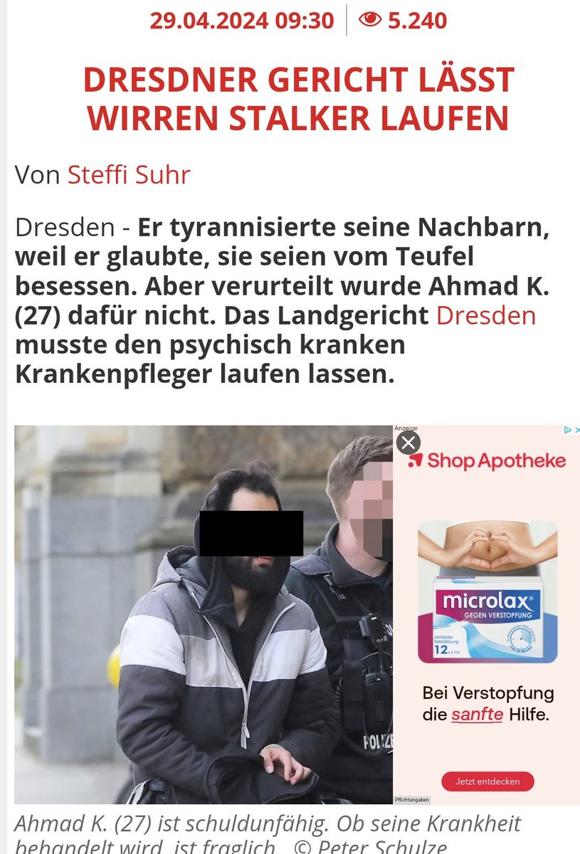 Das ist Ahmad K., 27, aus #Syrien.

Er ist Krankenpfleger und terrorisiert ab und an sein Umfeld.

Türen und Fenster eintreten, pöbeln, spucken, randalieren - all das bekamen Mieter in #Dresden ab.

Die Kinder der betroffenen Familie lebten in ständiger Angst, verließen die…