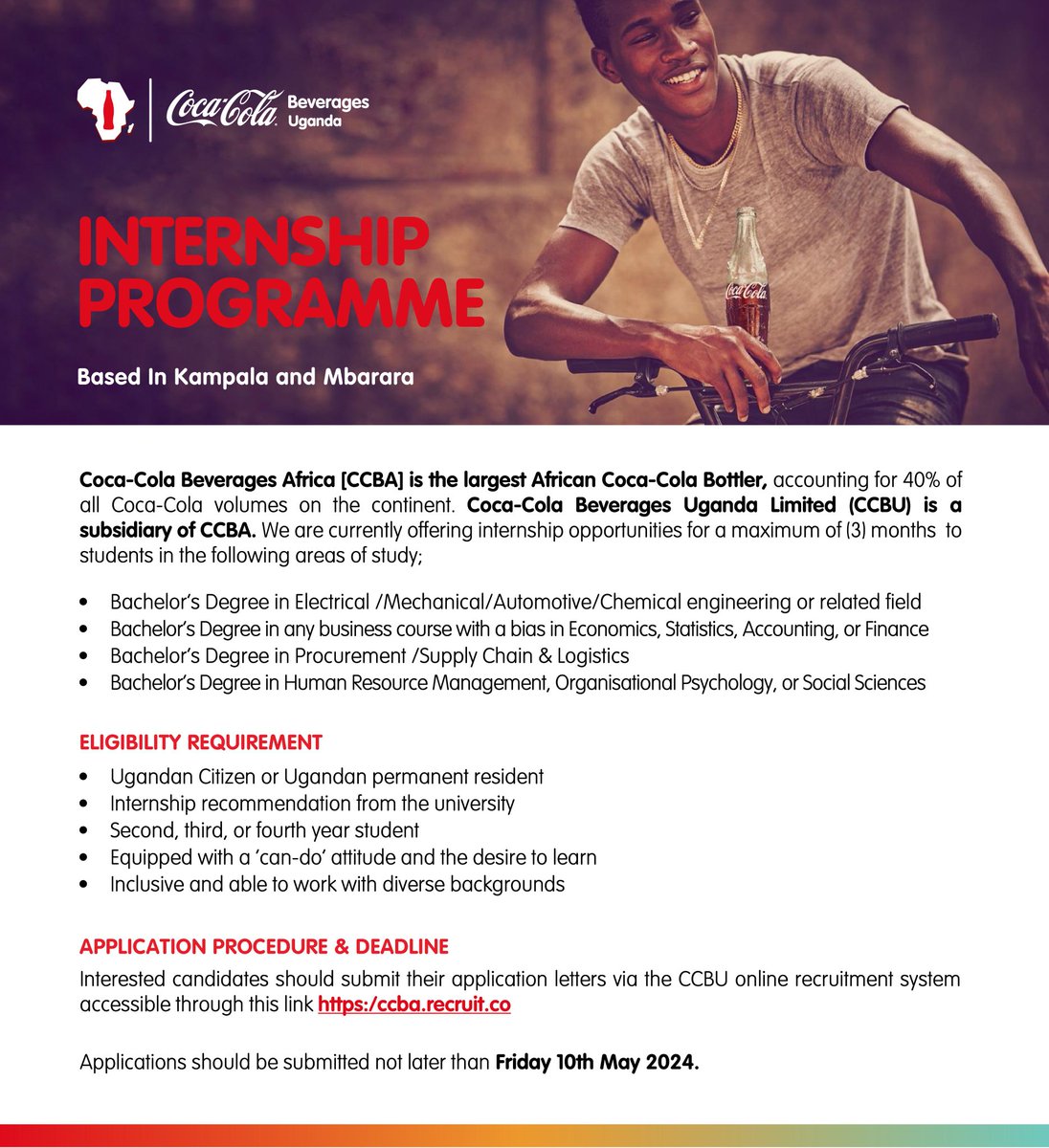 INTERNSHIP OPPORTUNITY 📢 Whether you're diving into engineering, business, procurement, or HR. Here is an opportunity to kickstart your career with @CocaColaBevUg Apply now: bit.ly/3UmrXn3 #jobclinicug #jobs #ApplyNow #hiring #internship #careers