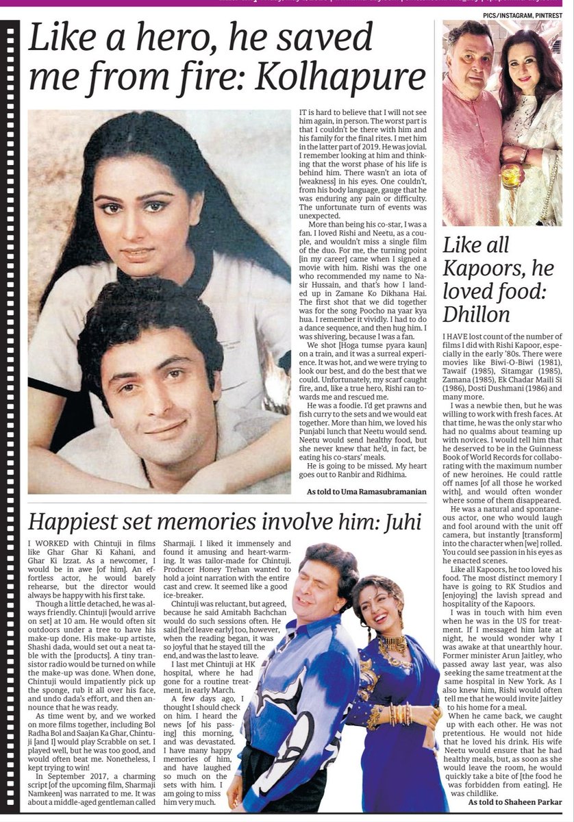 The leading ladies who worked with #RishiKapoor remember the stories about him and the memories left behind. This was published a day after he passed away in 2020. 🙏
@poonamdhillon @iam_juhi