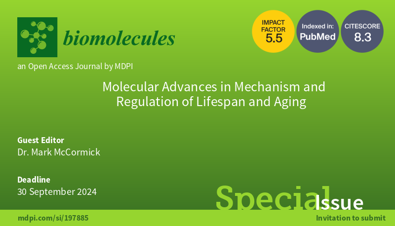 🔬 Exciting Announcement! 🌟 Explore 'Molecular Advances in Mechanism and Regulation of Lifespan and Aging' Special Issue edited by Dr. Mark McCormick. 📅 Deadline: Sep 30, 2024. Learn more: brnw.ch/21wJiS8 #Aging #Lifespan #Healthspan #SpecialIssue