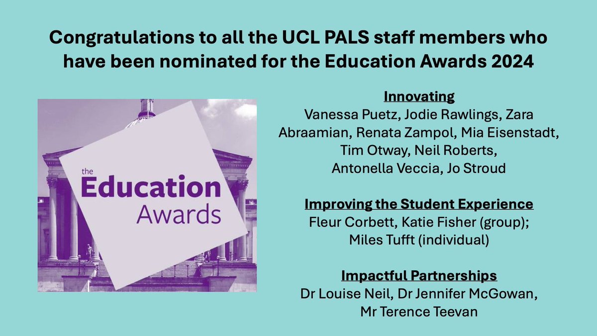 Congratulations to all of the UCL PALS staff members who have been nominated for the Education Awards 2024 👏👏👏 Find out more about the awards here👉 buff.ly/49QfWfd