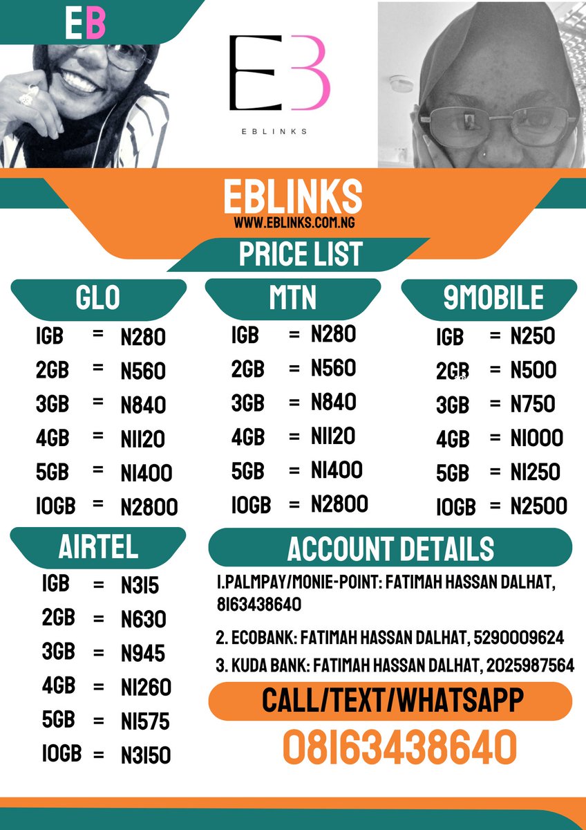 Data at cheap, Data at an affordable price, Validity period is 30 days. All networks are available on EBLINKS MTN @ 280/1GB GLO @ 280/1GB AIRTEL @ 315/1GB 9MOBILE @ 250/1GB Reach out: 08163438640 eblinks.com.ng Please recommend our hustle to your friends and families