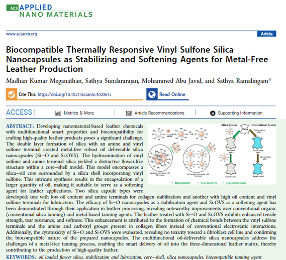 @clriindia is happy to share the work of Dr Sathya R, Scientist LPT & her research group on Biocompatible Thermally Responsive Vinyl Sulfone Silica Nanocapsules as Stabilizing and Softening Agents for Metal-Free Leather Production @CSIR_IND @kjsreeram 

doi.org/10.1021/acsanm…