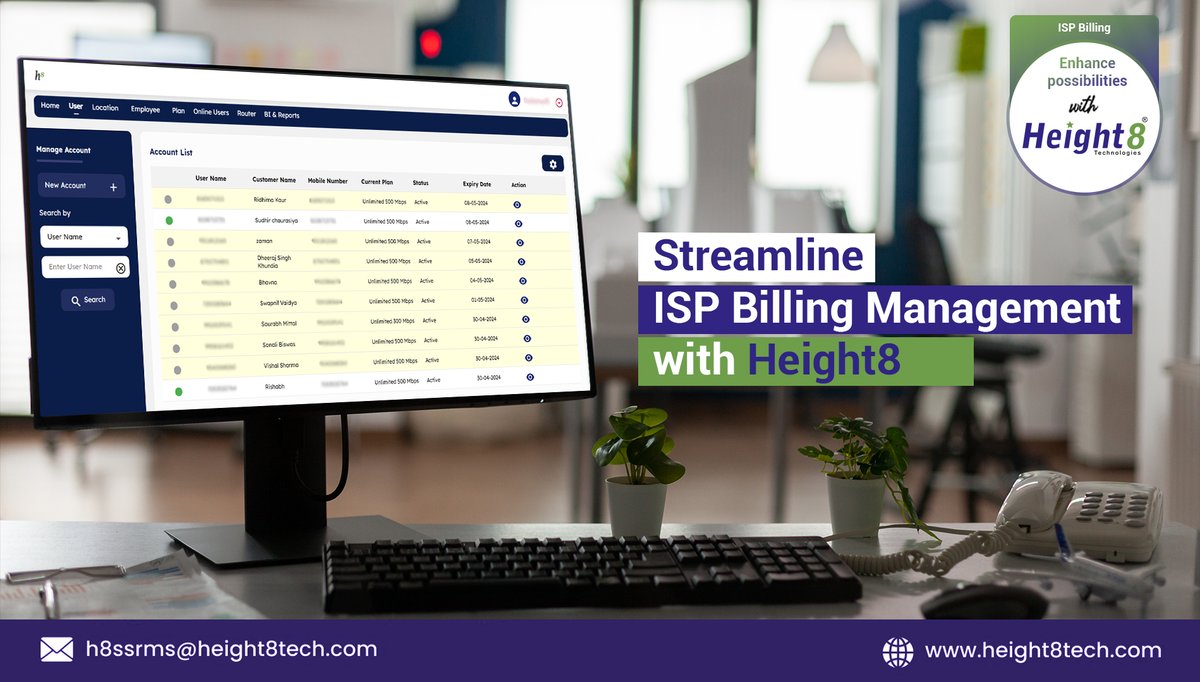 Leverage on an efficient billing process, unified customer information and automated payment-processing of H8 ISP Billing Software.
 
Visit: height8tech.com
 
#billingmanagement #ispbillingsoftware #customermanagement #ispsoftware #h8 #height8 #height8tech #telecom