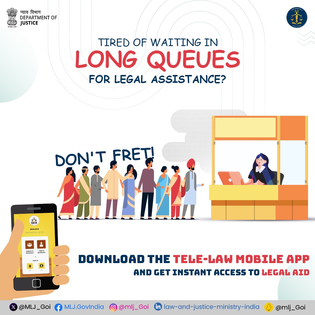 No more waiting, quick redressal! Connect with empanelled lawyers on #TeleLaw Mobile App for free advice and smooth guidance through any legal matters. Get it on ⬇️ Apple Store: apps.apple.com/in/app/tele-la… Google play: play.google.com/store/apps/det…