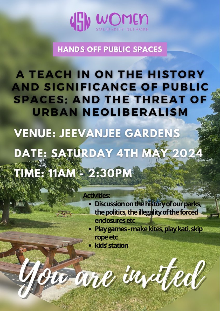 Join Women Solidarity Movement this Saturday in Jeevanjee Gardens for a teach-in on the history and significance of public spaces!