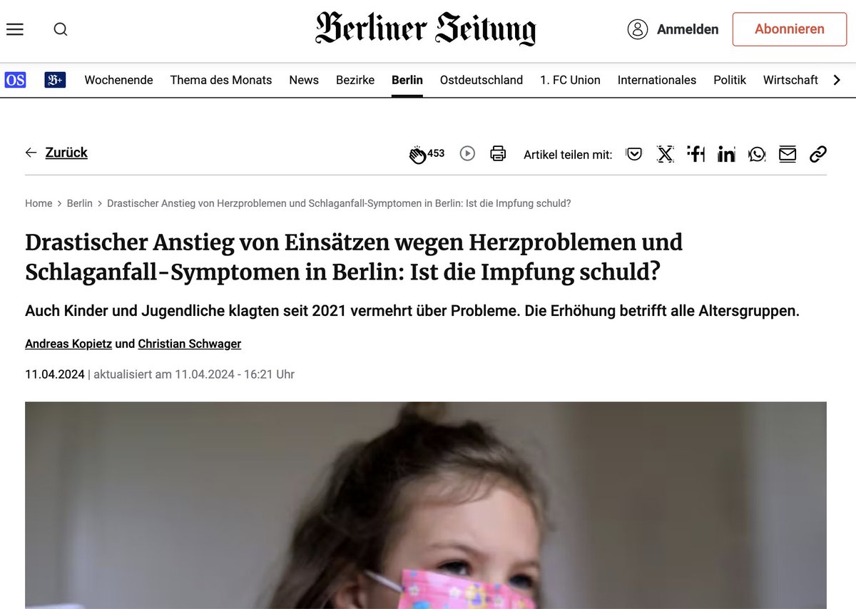 Berliner Zeitung, Allemagne.

'Augmentation drastique des interventions pour des problèmes cardiaques et des symptômes d'AVC à Berlin : la vaccination est-elle responsable ?'

'Les enfants et les adolescents se sont également plaints de plus en plus de problèmes depuis 2021.…