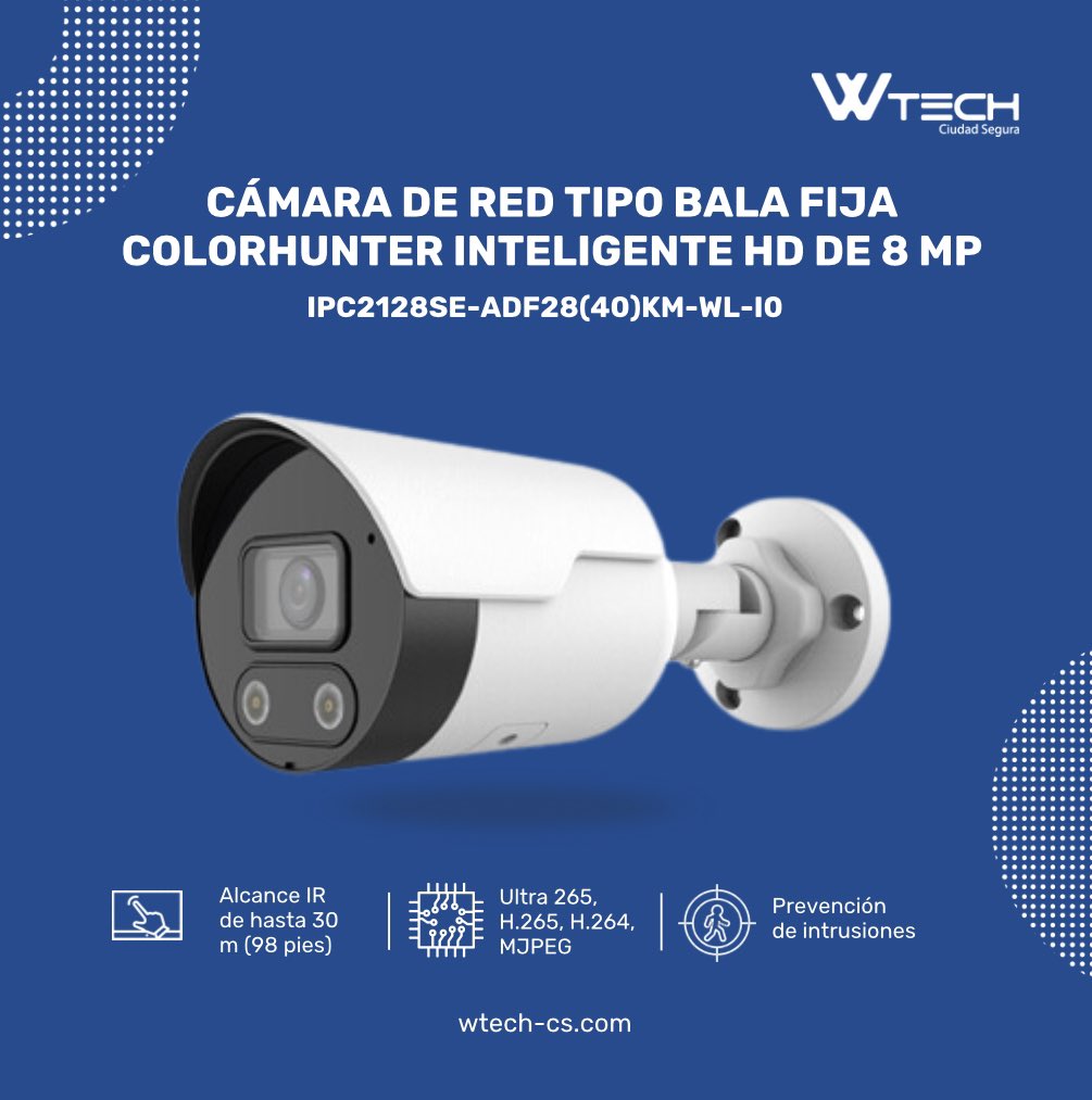 ¡Potencia la seguridad de tu sitio con la avanzada cámara de red tipo bala fija Colorhunter Inteligente HD de 8 MP (IPC2128SE-ADF28(40)KM-WL-I0)!🔒 #Seguridad #Cámaras #CiudadSegura