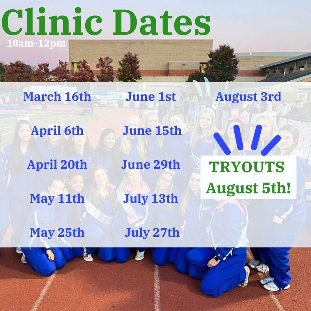 SLHS Varsity Cheer is putting in the work! 💚💙 Interested in trying out this coming year on August 5th? Come join the Seahawks and get prepared! Here are the remaining off season clinic dates! 📍Phoenix Elite @ 14807 Willard Rd, Chantilly VA