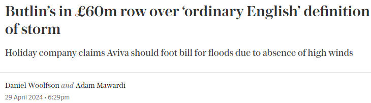 Insurance gives you peace of mind until you claim (part 94). Butlins sues insurers for £60m for flood damage to its Somerset holiday camp. Aviva and other insurers refuse to pay more than £25m which is the limit for a storm bit.ly/3WlIdXV court will decide which it was.