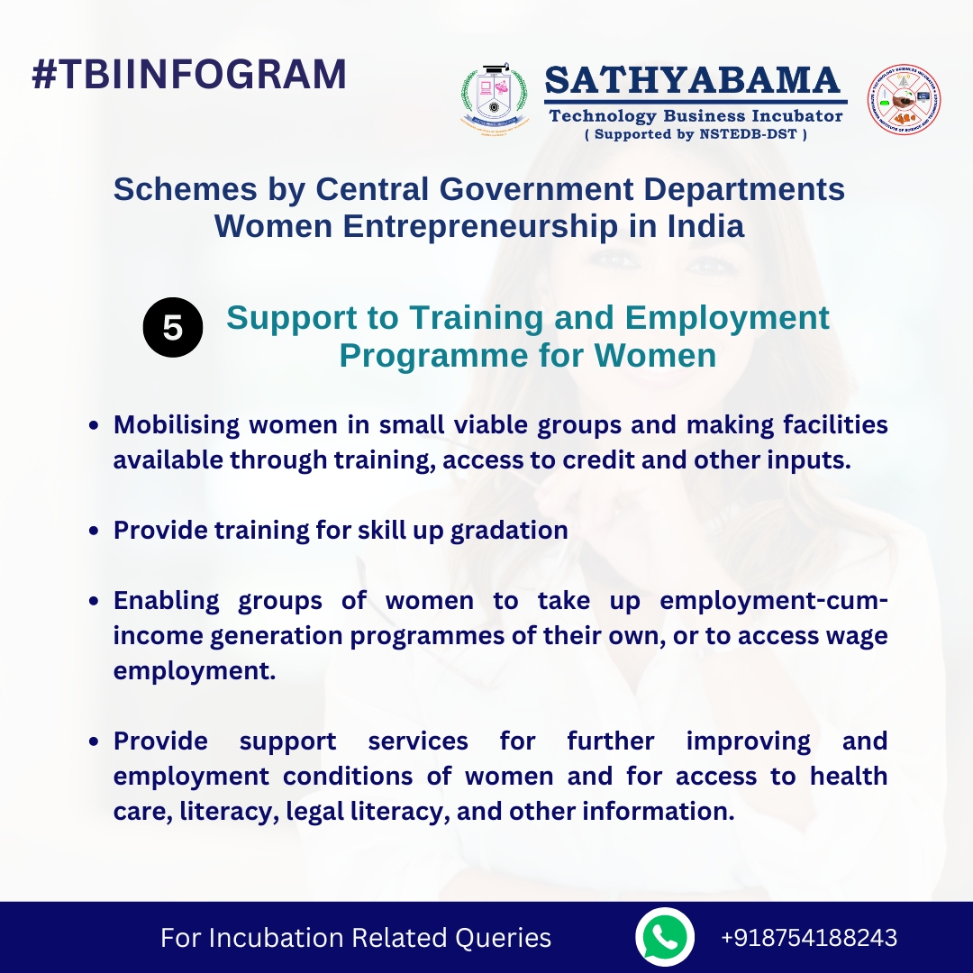 #tbiinfogram
Schemes by Central Government Departments
The Ministry of Women and Child Development is here to support you with the Support to Training and Employment Programme for Women.  #innovation #entrepreneurship #startups #startupecosystem #startupsuccess #startuplife