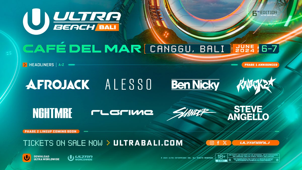 The #ultrabeachbali phase 1 lineup is here! Limited Tier 1 tickets on sale now 👇 ultrabali.com/tickets/2024 @afrojack @Alesso @bennicky @Knock2Music @NGHTMRE @RLGRIME @SlanderOfficial @SteveAngello