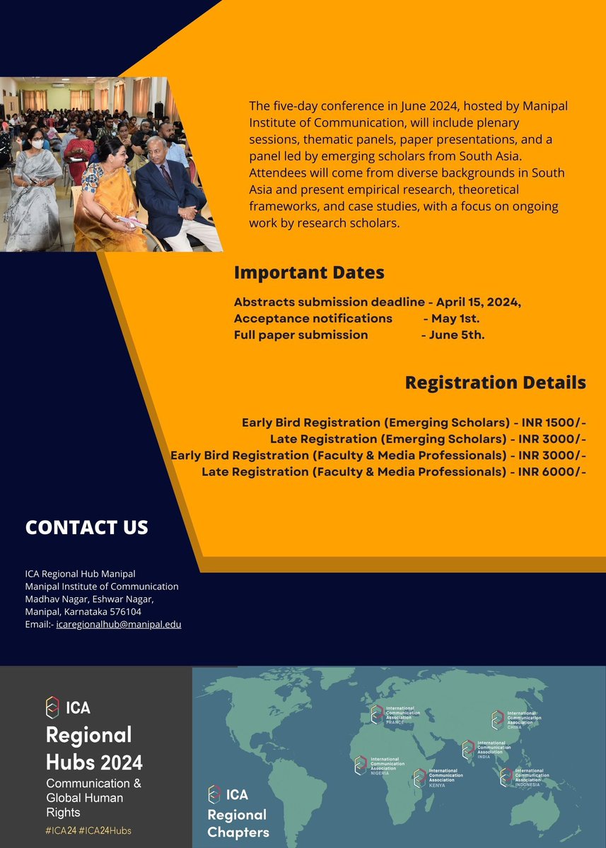 Today’s the day! 🌟 Submit your abstract for ICA Manipal 2024 and join the crucial dialogue on Communication & Human Rights in South Asia. Don't let this opportunity slip away! #ICA24 #SubmitNow #HumanRightsConference find the themes below 👇